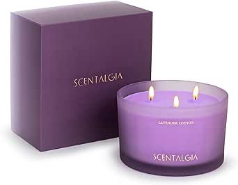 SCENTALGIA Scented Soy Candle Jar with Lavender Cotton Fragrance - 3 Wick Large Candles with Long-Lasting 55 Hours Burn Time - Perfect for Home, Office, Spa, Yoga, Meditation & Gifts