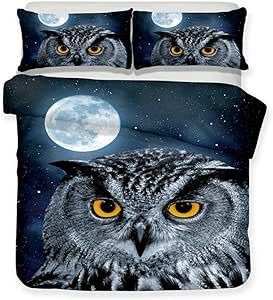 Kids 3D Bedding Set Owl Print King Duvet Cover Lifelike Bedclothes with Pillowcase Home Textile for Children Twin Queen Quilt Cover (US Twin)