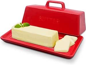 Gute Butter Dish with Lid for Countertop, Covered Ceramic Butter Dish, Butter Tray Storage for 1 Stick of Butter, Butter Keeper Container with Handle for Kitchen, Red