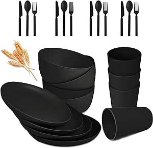 Wheat Straw Dinnerware Sets - 24 pcs Lightweight Unbreakable Dishwasher Microwave Safe Cups Cutlery Plates and Bowls Set for 4 Suitable for Camping Party Grill(Black)