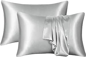 npkgvia Imitation Silk Pillowcases Bedclothes Single Student Dormitory Household Pillowcases Slip Pillowcase Silk Standard (Silver, One Size)