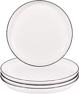 Ursword Round Plates 8.5 Inch Wide and Shallow Plate for Eating, Side Dishes Set of 4, Stoneware Dinnerware Microwave, Dishwasher Safe, White-Black Rim