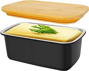 Vermida Butter Dish with Lid, Large Stainless Steel Butter Dish Container for Countertop, Sturdy Butter Keeper with Bamboo Lid Holds 2 Sticks of West or East Coast Butter for Refrigerator, Black