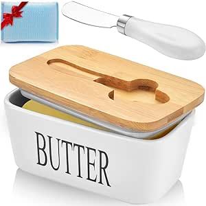Large Butter Dish,Ceramic Butter Dish with lid and knife, Butter Keeper Double Silicone Seals, Easy Clean, Butter Dishes with Covers Perfect for 2 Sticks of Butter West or East Coast Butter, White