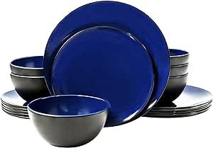 TP 18 Pieces Dinnerware Set, Melamine Dinner Plates and Bowls Set, 18-Piece Dishes Set, Dinner Service for 6, Blue and Black