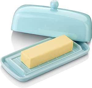 Nucookery Ceramic Butter Dish with Lid | Raised Legs and Non-Slip Strip Design | Porcelain Health | Dishwasher Safe, Lake Blue