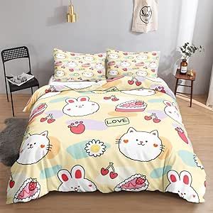 BailiPromise Girls Kids Duvet Cover Set, Kawaii Rabbit Cat Bedding Set, Printed Bedclothes Set for Teens, Twin Comforter Cover, Bed Set with Zipper and 2 Pillowcases, No Quilt