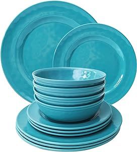TP 12-Piece Dinnerware Set, Melamine Dishes Set with Bowls and Plates, Non-breakable Lightweight Dinner Service for 4, Teal