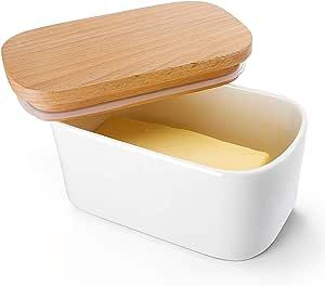 Sweese 303.101 Large Butter Dish - Airtight Butter Keeper Holds Up to 2 Sticks of Butter - Porcelain Container with Beech Wooden Lid, White