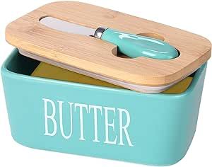 Ceramic Butter Dish with Wooden Lid, Lxmons Large Butter Container Keeper Storage with Stainless Steel Butter Knife Spreader, Bamboo Cover and Silicone Sealing Ring for West East Coast Butter, Green