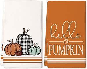 ARKENY Fall Kitchen Towels Set of 2,Hello Pumpkin Autumn Dish Towels 18x26 Inch Drying Dishcloth,Farmhouse Home Decoration AD130