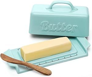 DOWAN Butter Dish with Lid and Knife, Butter Dish with Cutting Measurements and Humanized Knife Handle for East West Coast Butter, Ceramic Butter Dish with Lid for Countertop, Turquoise