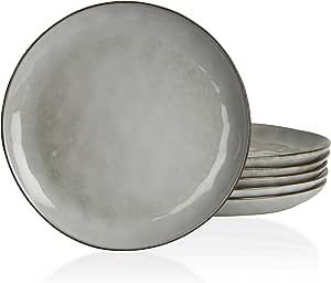 famiware Dinner Plates Set of 6, 10.25 inch Pasta Plate, Ocean Round Stoneware Dessert Plates Dish Set for Kitchen, Reactive Glaze, Microwave Dishwasher Safe, Scratch Resistant, Grey