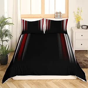 Geometric Strip Lines Bedding Set for Girls Boys Kids Full Size Geometry Comforter Cover Set Room Decorative Modern Duvet Cover Abstract Gradient Style Red Black White Bedspread Cover 3Pcs Bedclothes