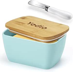 Yedio Large Butter Dish with Lid for Countertop, Porcelain Butter Holder with Knife Airtight Cover for Counter Fridge Refrigerator, Ceramic Butter Keeper Container with Silicone Seal, Turquoise