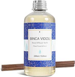 Reed Diffuser Oil Refill, Binca Vidou Mixed Fruity and Floral Bergamot Vanilla Lavender and Jasmine Scented Oil Include 12 Sticks for Bathroom Bedroom Office 9.85oz/280ml