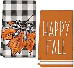GEEORY Fall Kitchen Dish Towels Set of 2 for Fall Decor,Happy Fall Plaid Bowknot Orange Printed Maple Leaves 18x26 Inch Drying Dishcloth,Farmhouse Home Decoration GD108