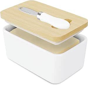 Anroya Butter Dish with Lid & Knife - Butter Dish Ceramic & Bamboo – Silicone Sealing Butter Container for Kitchen – Covered Butter Dish for Kitchen