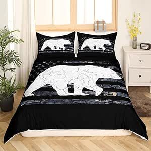 Cute Bear Bedding Set Kids Wild Animal Comforter Cover Set for Boys Teens Nature Wildlife Bear Duvet Cover Breathable Lodge Western Farmhouse Black White Bedspread Cover Bedroom Bedclothes King Size