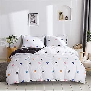Girls Love Heart Duvet Cover Set Queen for Kids Women Reversible Black White Bedding Collection Bedclothes Lightweight Cute Design Comforter Cover for Bedroom Dormitory Zipper Ties Soft,Breathable