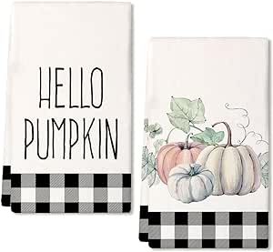 GEEORY Fall Kitchen Dish Towels Set of 2 for Fall Decor,Hello Pumpkin Black Buffalo Plaid Printed Pumpkin 18x26 Inch Drying Dishcloth,Farmhouse Home Decoration GD122