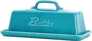 Bruntmor Porcelain Butter Keeper With Handle Cover, French Butter Dish Ceramic Butter Holder Container for Countertop, Butter Dish with Lid, Teal