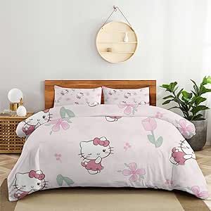Tobmtaows Cartoon Kitten 3-Piece Bed Set Warm and Comfortable Kawaii Bedding Set Cute Soft Microfiber Bedclothes for Boys Girls Kids (Twin, 70"X90", Color-5)