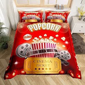 Feelyou Popcorn Bedding Set Twin Size, Movie Time Comforter Cover Bedding Set for Kids Toddler Movie Theater Duvet Cover Movie Night Bedspread Cover Ultra Soft Room Decor Lightweight Bedclothes
