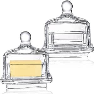 Dicunoy 2 Pack Glass Butter Dishes with Lids, Mini Butter Keeper Containers, Clear Butter Serving Storage Dish with Handle, Rectangle Crystal Small Butter Cloche for Mayo, Jelly, Jam, Candy