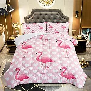 XYNHML Flamingo Comforter Set Twin Size Tropical Pink Flamingo Love Heart Pattern Bedding Set Kawaii Quilted Duvet for Kids Girls Boys Adult with 1 Comforter and 2 Pillowcases