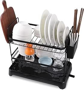 Sikobin Dish Drying Rack Stainless Steel 2 Tier Dish Rack Multifunctional Rustproof Dish Rack with Drainboard Utensil Holder for Kitchen Counter