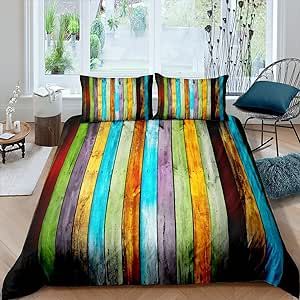 Feelyou Colorful Wooden Duvet Cover Rainbow Stripes Comforter Cover Abstract Bedding Set for Kids Adults Multicolor Wooden Plank Bedspread Cover Ultra Soft Room Decor King Size Bedclothes Zipper
