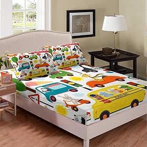 Cartoon Animal Bed Sheet Girl Full Cars Lovely Bedding Set Chic Trucks Traffic Lights Chic Bed Cover Decorative Bed Sheet Set Deep Pocket Bed Covers Bedclothes 3Pcs Bedclothes