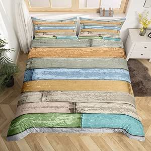 Rustic Family Home Decor Wooden Duvet Cover Farmhouse Comforter Cover Old Vintage Bedding Set for Kids Adults Green Brown Bedspread Cover Ultra Soft Room Decor Queen Size Bedclothes Zipper