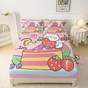 QOOMO Kawaii Bear Kids Sheets Full Size,Strawberry 16" Deep Pocket Bed Sheet Set,Dessert Printed Bedroom Decor Sheet Set Soft and Breathable for Girls/Kids/Teens(Full,Pink)