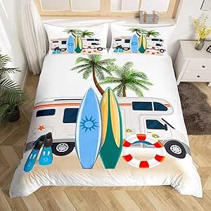 Cartoon Camping Car Bedding Set Full Size, Surfboard Duvet Cover Happy Camping Comforter Cover for Kids Boys Girls Summer Holiday Bedspread Cover Microfiber Room Decor Lightweight Bedclothes