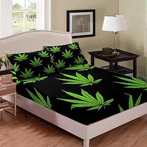 Erosebridal Marijuana Weed Leaves Fitted Sheet, Adult Cannabis Leaves Bed Sheet, Exotic Leaves Rustic Bedding Set Twin Size, Soft Microfiber Bed Cover Wrinkle Bedclothes, Green Black(No Top Sheet)