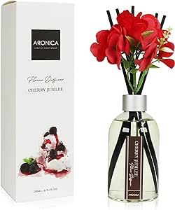 Aronica Flower Reed Diffuser, Cherry Jubilee Scent, 6.76 oz, Cherry Bathroom Decor, Red Home Decor Accents, Small Shelf Decor, House Scent Long Lasting, Christmas Bathroom Decor