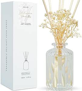 Auelife Reed Diffuser Set, 6.4 oz Cashmere Vanilla Scented Diffuser with Sticks Preserved Real Flower Reed Diffuser Home Fragrance Essential Oil Reed Diffuser for Bathroom Shelf Decor