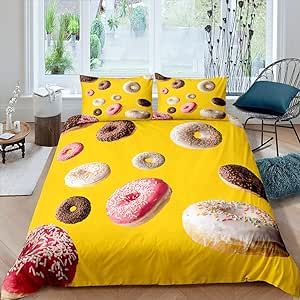 Feelyou Sweet Donuts Comforter Cover Girls Food Theme Bedding Set Dessert Duvet Cover for Children Kids Microfiber Sweetie Bedspread Cover Yellow Decor Room Decor Bedclothes Queen Size