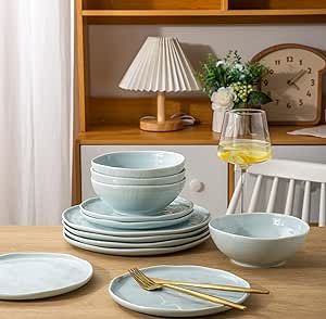 LERATIO Ceramic Dinnerware Sets of 4,Porcelain Plates and Bowls Sets with Wavy Edge,Microwave & Dishwasher & Oven Safe,Light Weight & Scratch Resistant Dishes Sets-Service for 4 (12pcs)-Light Blue