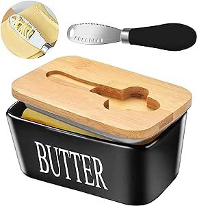 Lovelyduo Large Butter Dish with Lid for Countertop Ceramic Butter Container with Knife Holder Spreader Double Silicone Seals Butte Keeper Rectangle Black