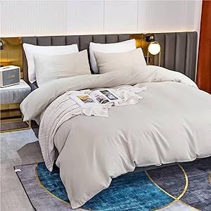 QWACK 100% Linen Duvet Cover Queen Set 3 Pcs Washed French Natural Flax Duvet Cover Soft Breathable Comfy Linen Bedding Set with 1 Duvet Cover Linen 2 Linen Pillowshams (Queen, Grey)