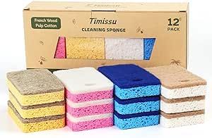 [A Dozen Natural Sponges Kitchen] Timissu 12 Pack Plant-Based Biodegradable Sponge, Non-Scratch Scrubber for Dish & Sink Cleaning, Coconut Cellulose Household Dishwashing Color Bulk Sponges