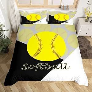 Softball Bedding Set for Girls Boys Kids Twin Size Sports Theme Comforter Cover Set Room Decorative Gift for Softball Lover Duvet Cover Ball Games Yellow Black White Bedspread Cover Bedclothes