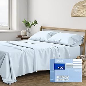 THREAD SPREAD 100% Cotton Sheets for Queen Size Bed - 400 Thread Count 4 Piece Cotton Sheet Set - Soft, Breathable Cooling Sheets - Deep Pocket Queen Bed Sheets - Sateen Weave Bedsheet (Light Blue)