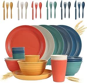 Wheat Straw Dinnerware Sets - SGAOFIEE 36 Piece Unbreakable Dinnerware Sets, Reusable Wheat Straw Plates and Bowls Sets, Travel Camping Cutlery Set, Dishwasher Microwave Safe Dinnerware