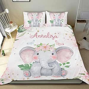 SunFancy Custom Duvet Cover Set,Animals Pink Elephant Flower Personalized Gift Bedding Sets Comforter Bedclothes Set for Room Teen Adult Christmas Mom Queen