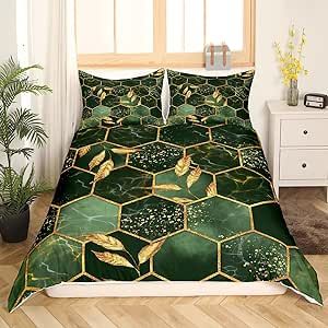 Honeycomb Queen Size Duvet Cover Boys Girls Green Marble Bedding Set for Kids Modern Marble Aesthetic Comforter Cover Set Geometrical Green Gold Black Bedspread Cover Room Decor Bedclothes Zipper
