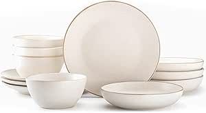 Riverside Collection by Maison Neuve 12-Piece Dinnerware Set Service for 4 - Hand Crafted Bowls and Plates Set, Stoneware Dinnerware Set, Microwave & Dishwasher Safe Plate Set - Oxford White